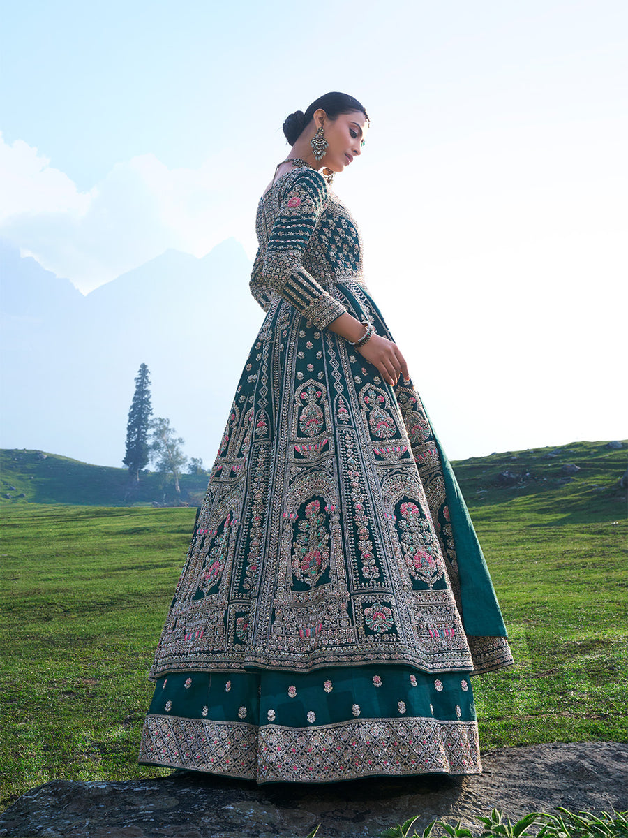Women Green Lehariya Bardot Crop Top With Anarkali Skirt