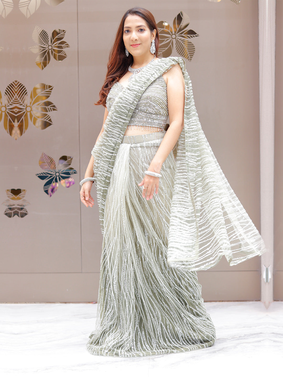 Mint Embroidered Net Saree with Handcrafted Choli
