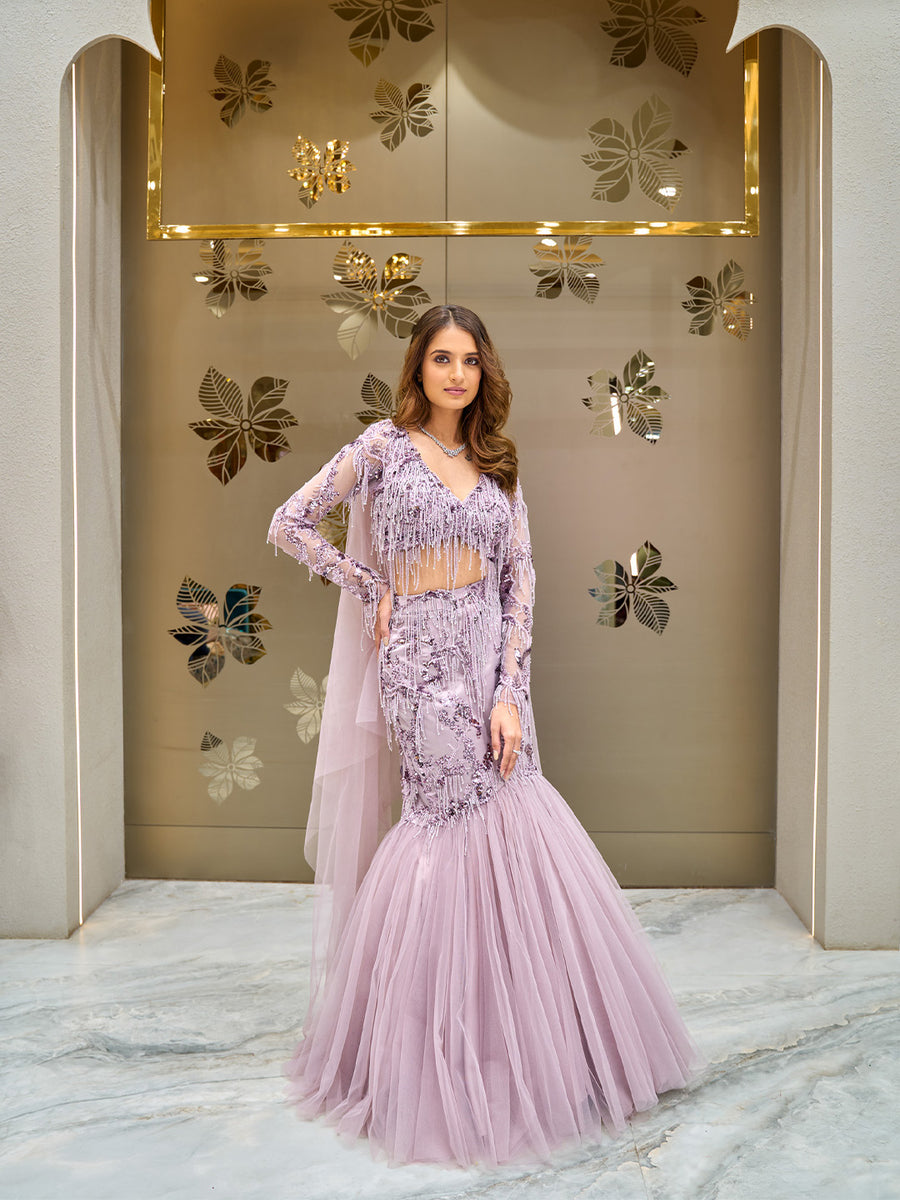 Jamun Purple Embroidered Mermaid Lehenga – Tirumala Designers
