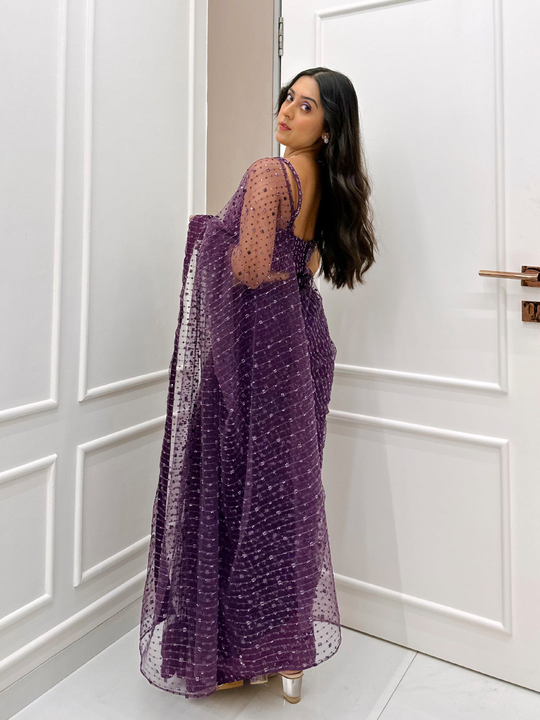 Farheen’s Purple Net Sequin Saree With Blouse Fabric