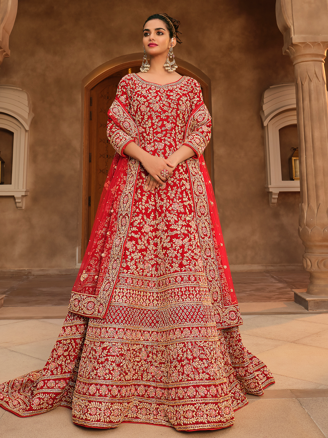 Bright Red Long Tail Anarkali