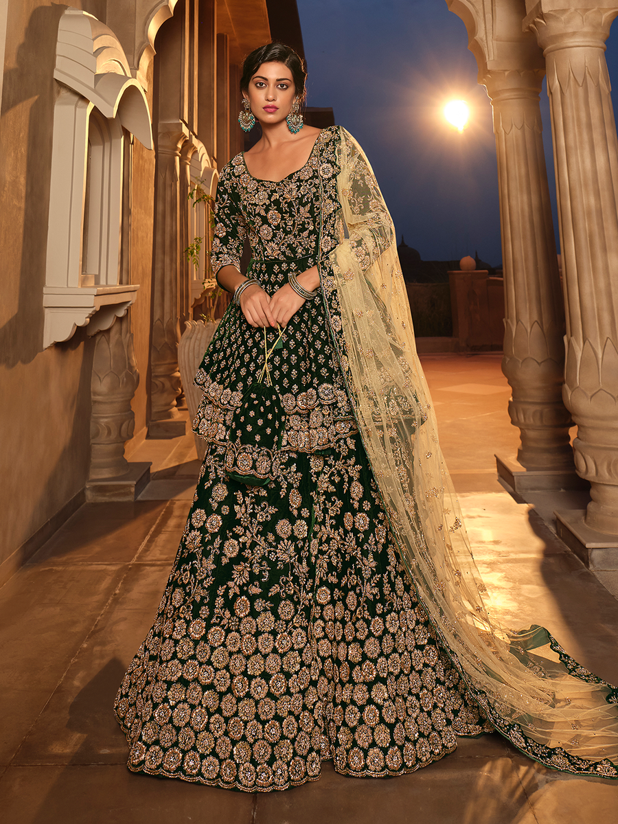 Velvet Fabric Lehenga Choli in Bottle Green Color main image 1