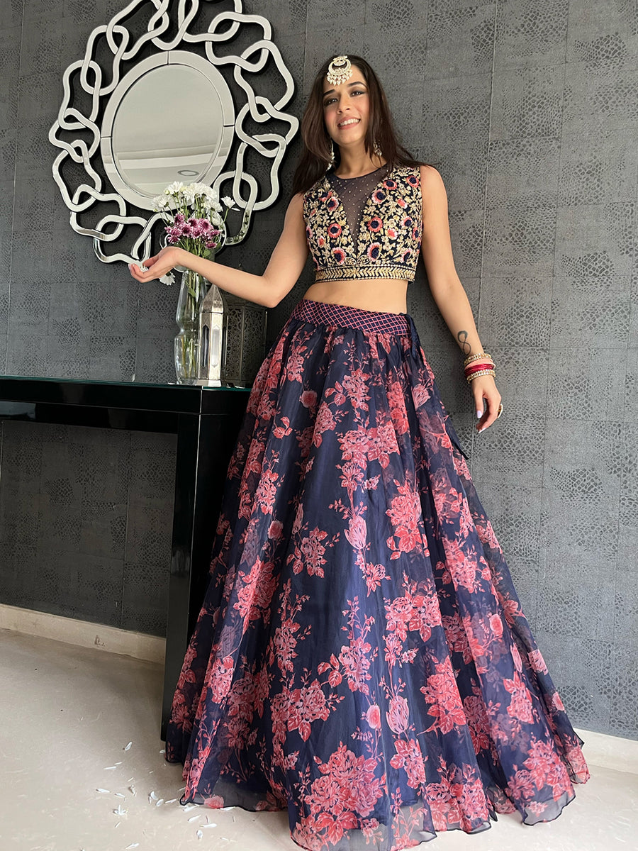Dazzling Navy Blue Multi Thread & Sequins Party Wear Lehenga