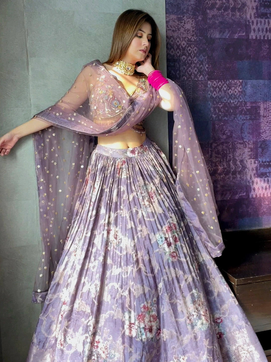 Lilac Banarasi Silk Lehenga With Net Dupatta