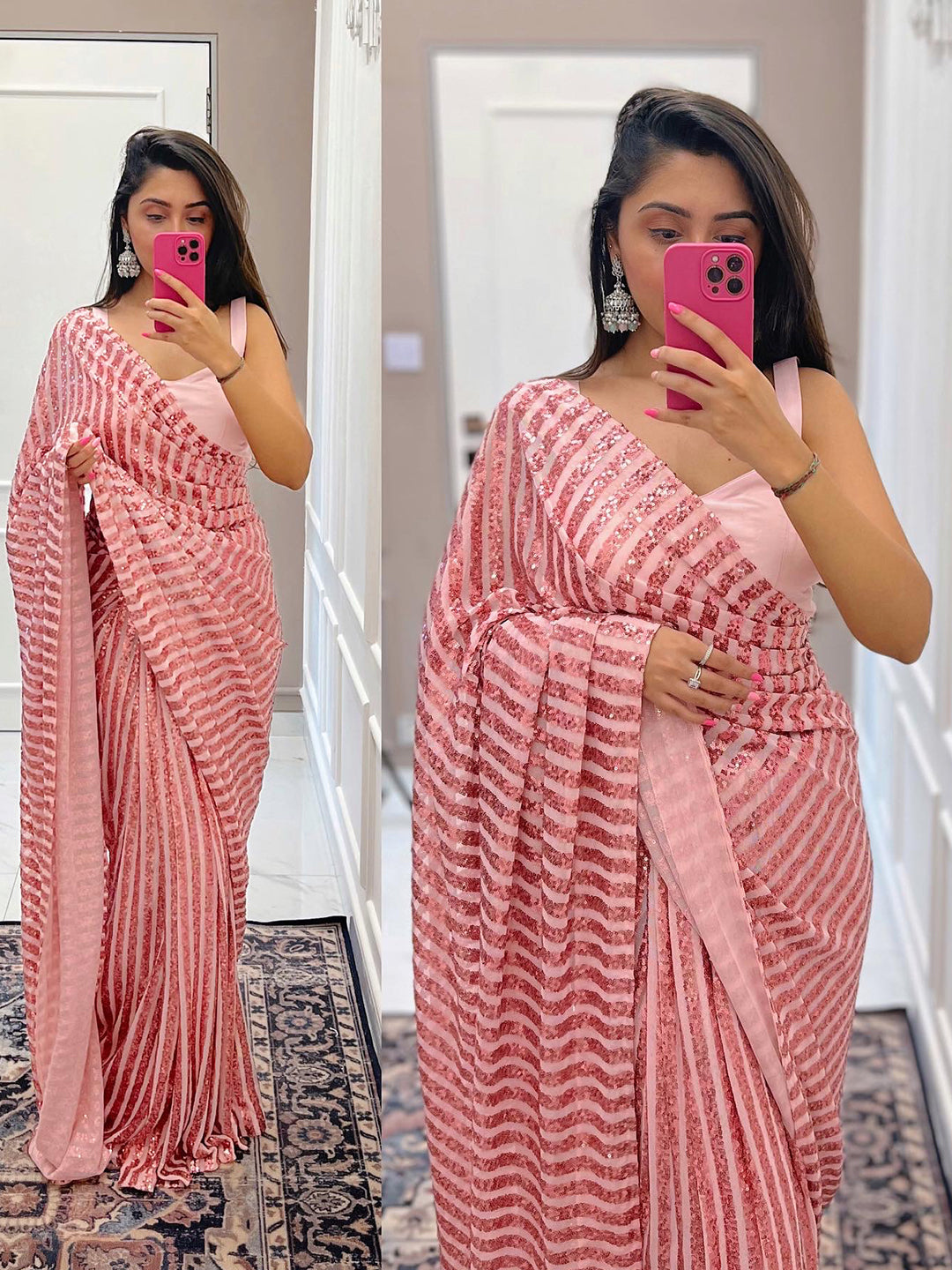 Pink Net Sequins Saree With Blouse Fabric