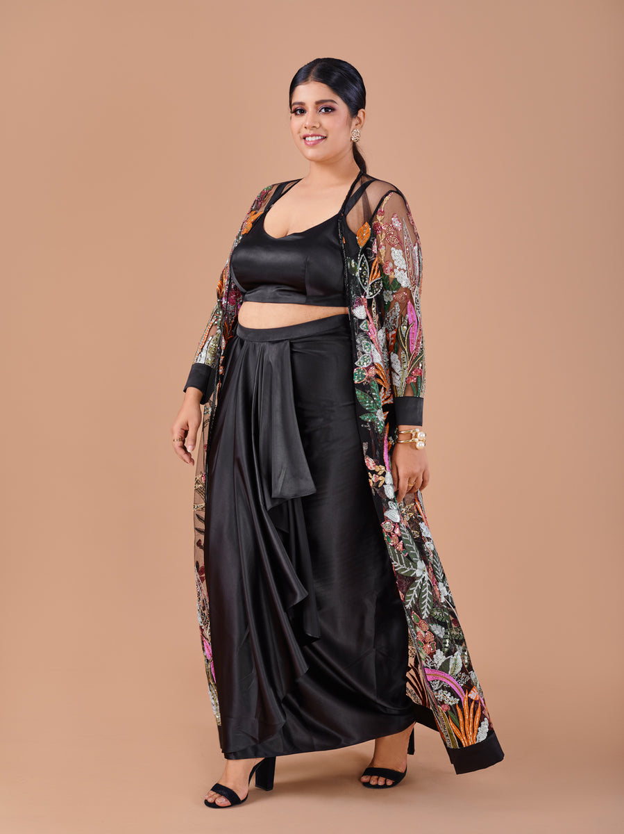 Black Satin Drape Skirt With A Shrug Tirumala Designers