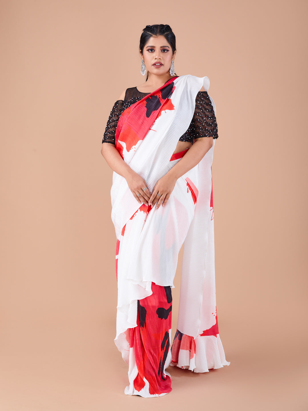 Red, White & Black Pleated Satin Saree