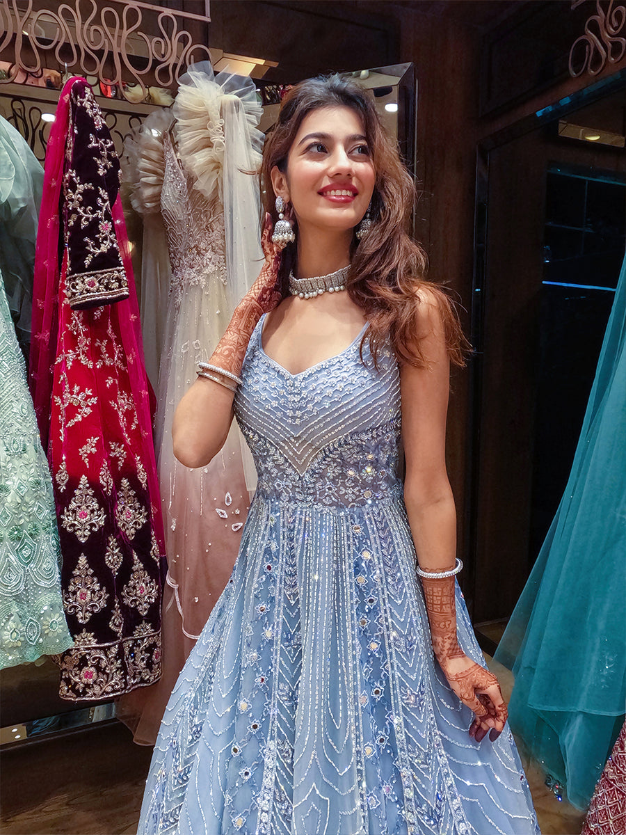 Ball Gown Jewellery For Golden Gown Ice Blue Embellished Gown