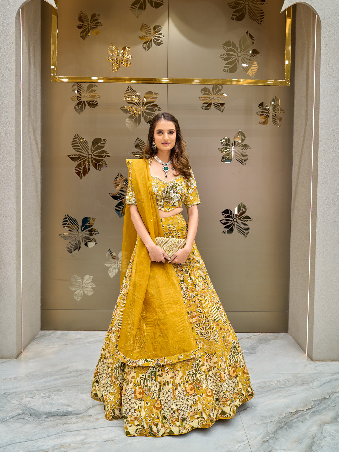 Indian Bridal Mustard Yellow Lehenga Choli With Thread Embro