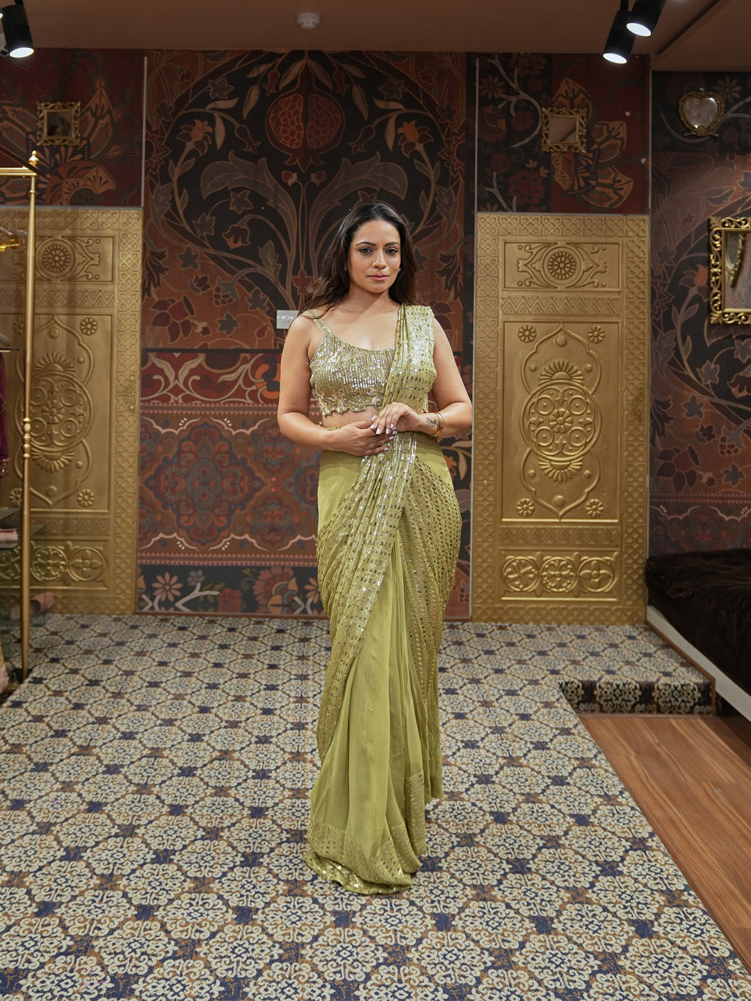 Moss Green Sequined Saree