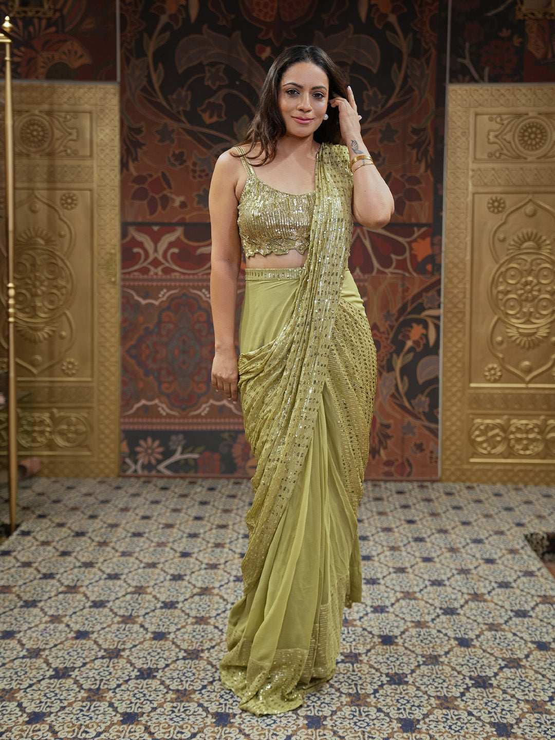 Moss Green Sequined Saree