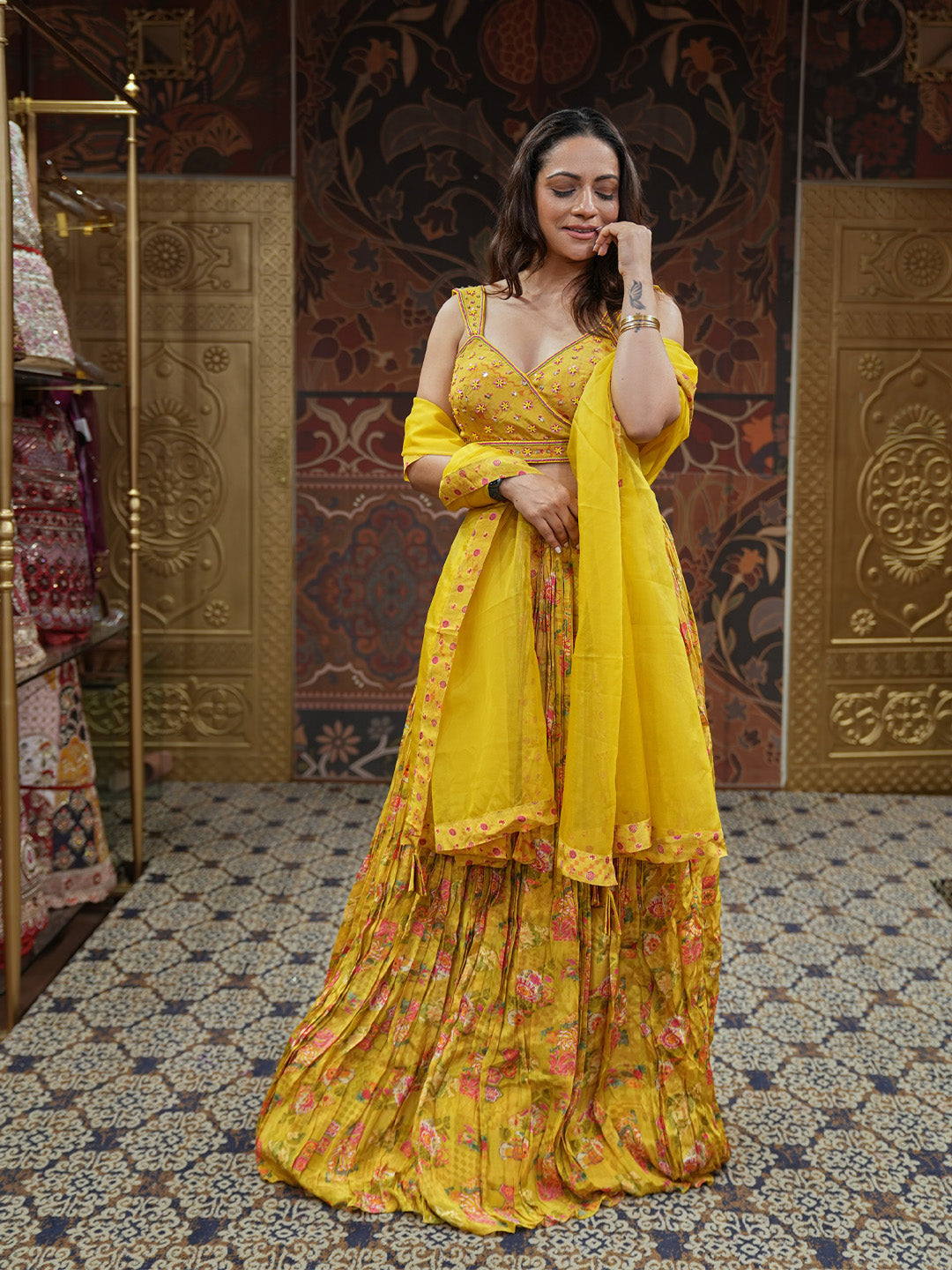 Lehenga Set In Yellow Florals