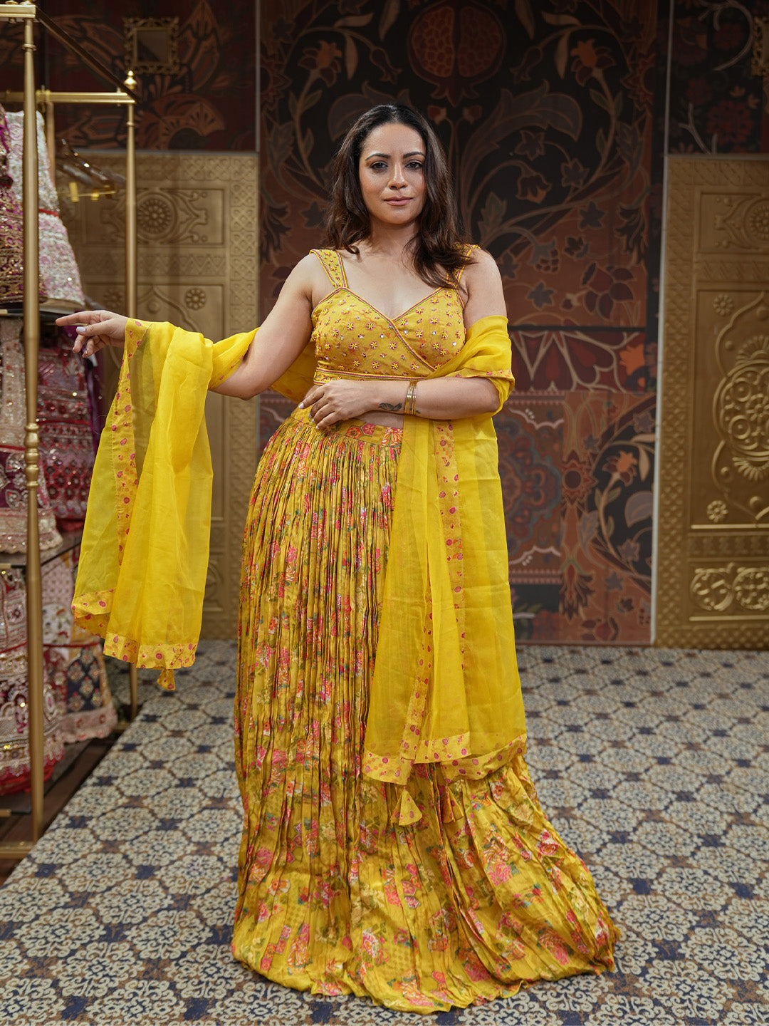 Lehenga Set In Yellow Florals