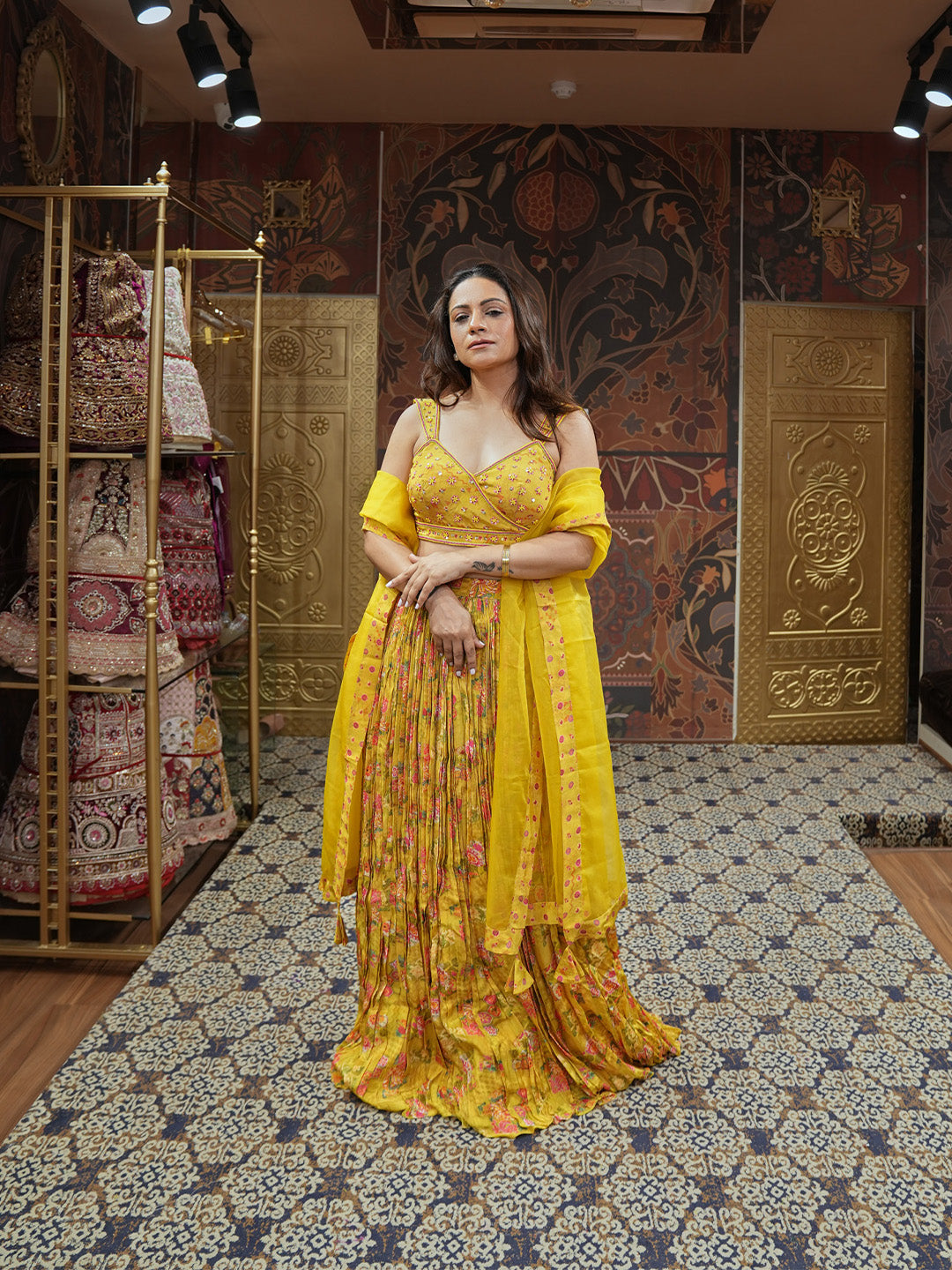 Lehenga Set In Yellow Florals