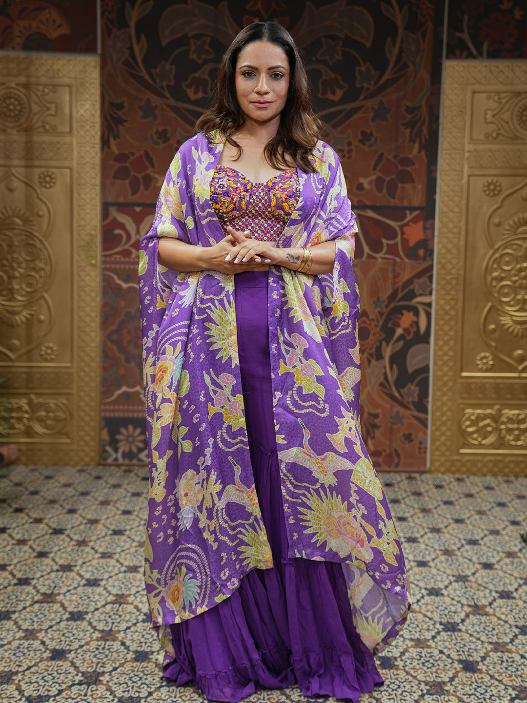 Purple Massive Floral Printed Sharara Set