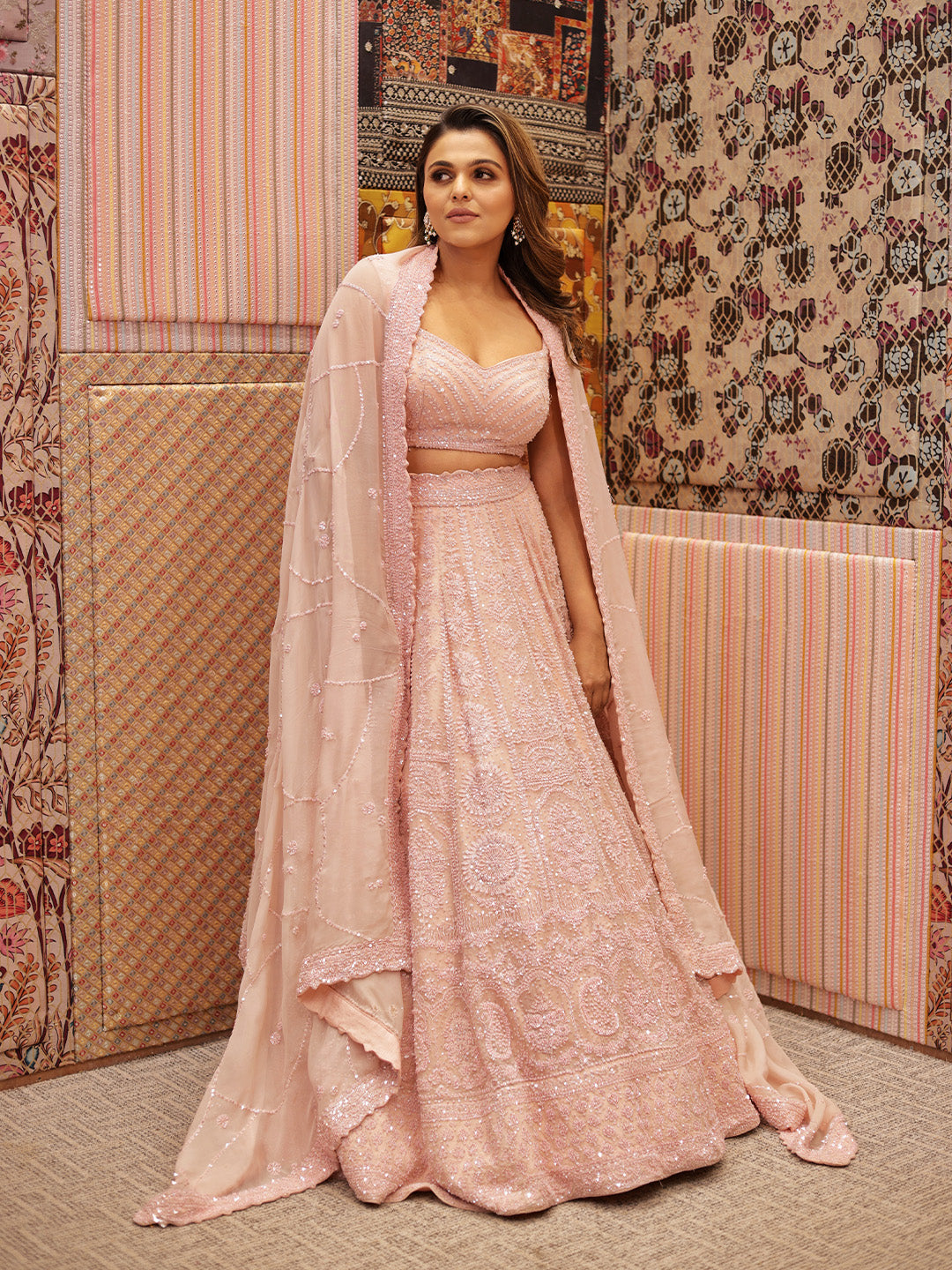 Exquisite Baby Pink Organza Lehenga Choli With Floral Design