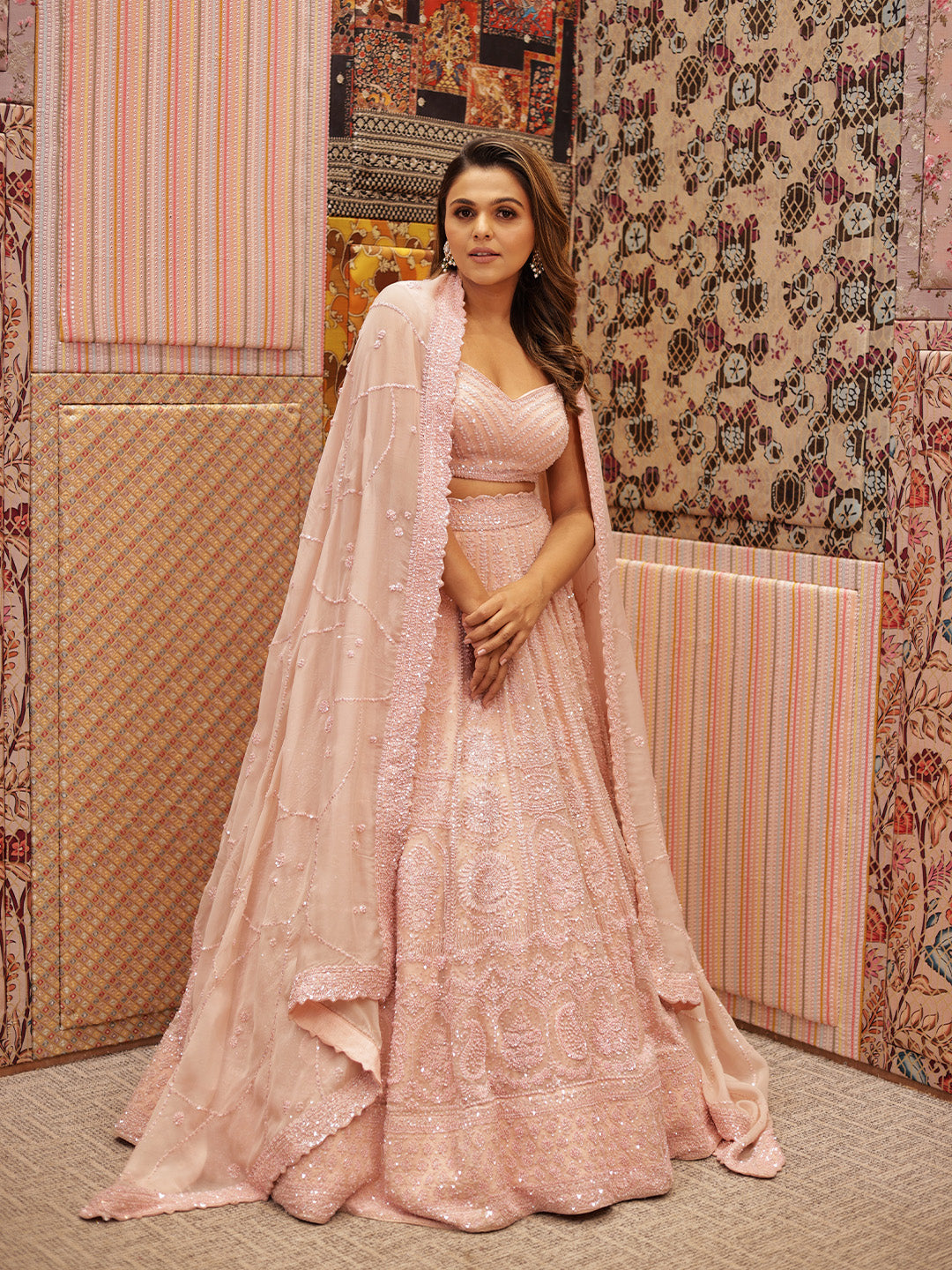 Exquisite Baby Pink Organza Lehenga Choli With Floral Design