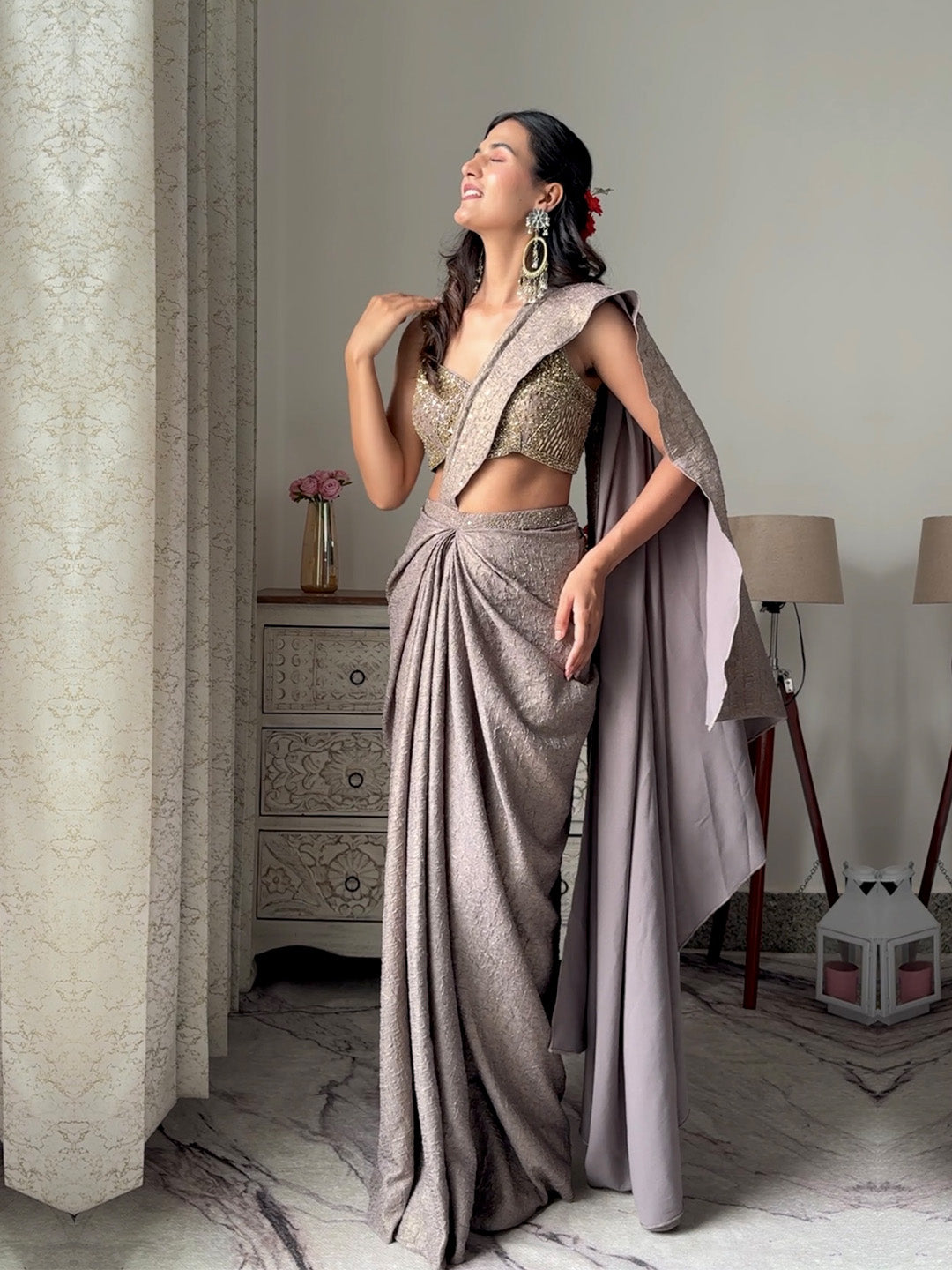 Antique Gold Grey Shimmer Pre Draped Sari With Hand Embroidered Choli