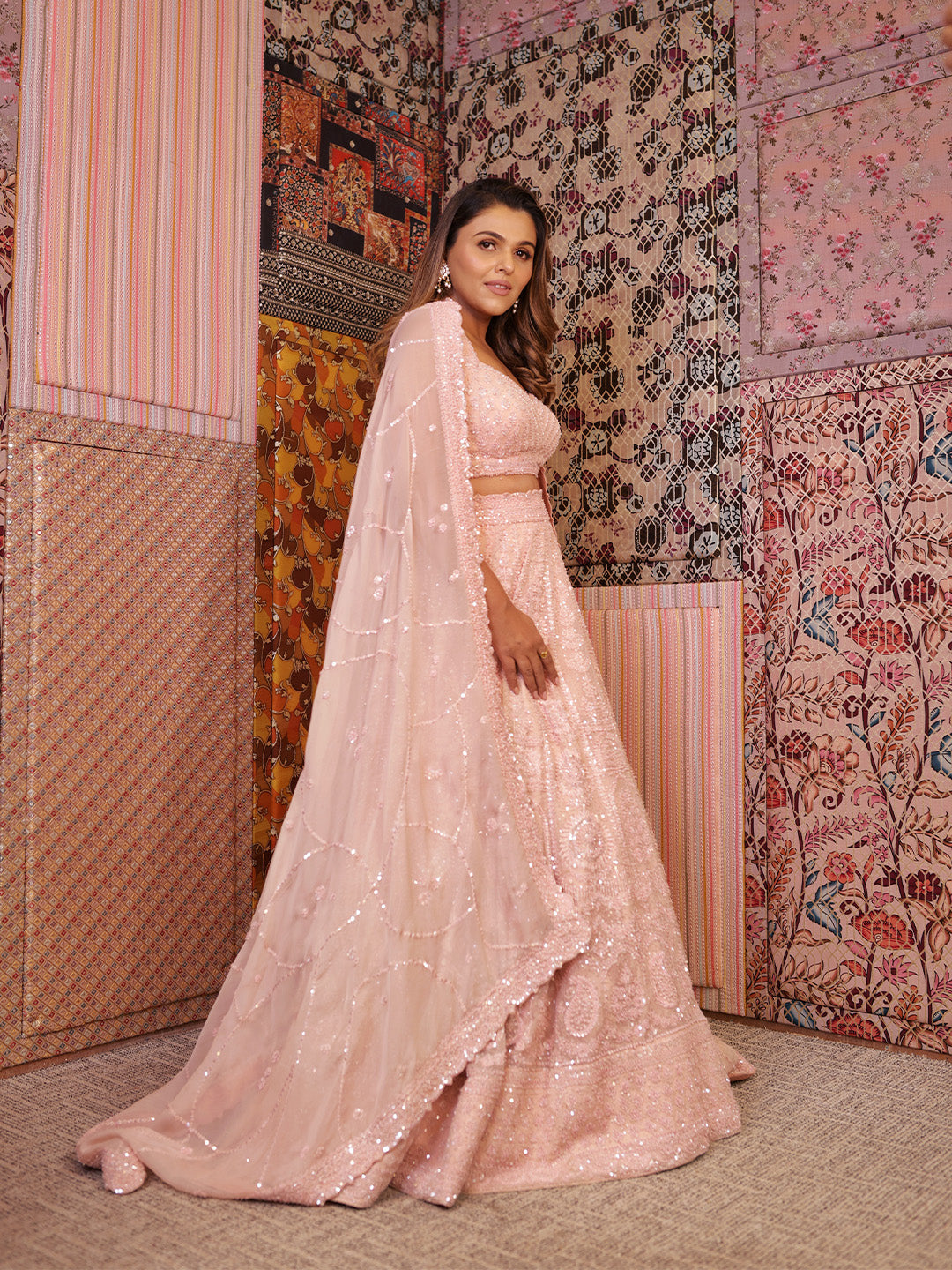 Exquisite Baby Pink Organza Lehenga Choli With Floral Design