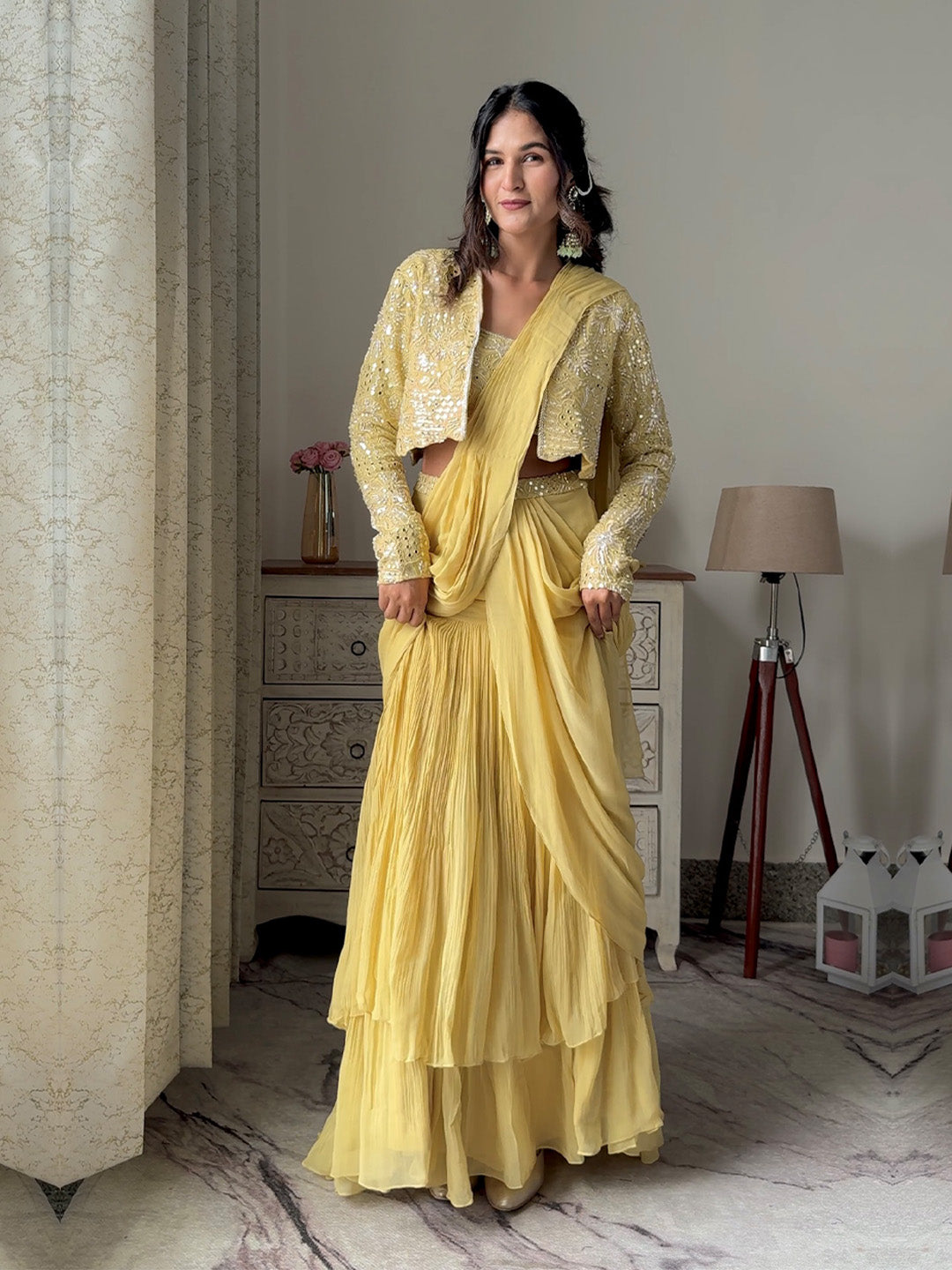 Cream Yellow Georgette Pre Draped Saree