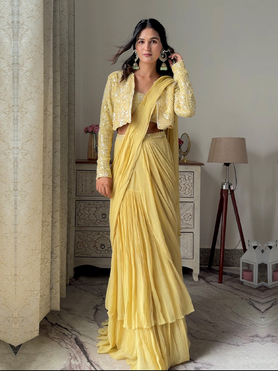 Cream Yellow Georgette Pre Draped Saree