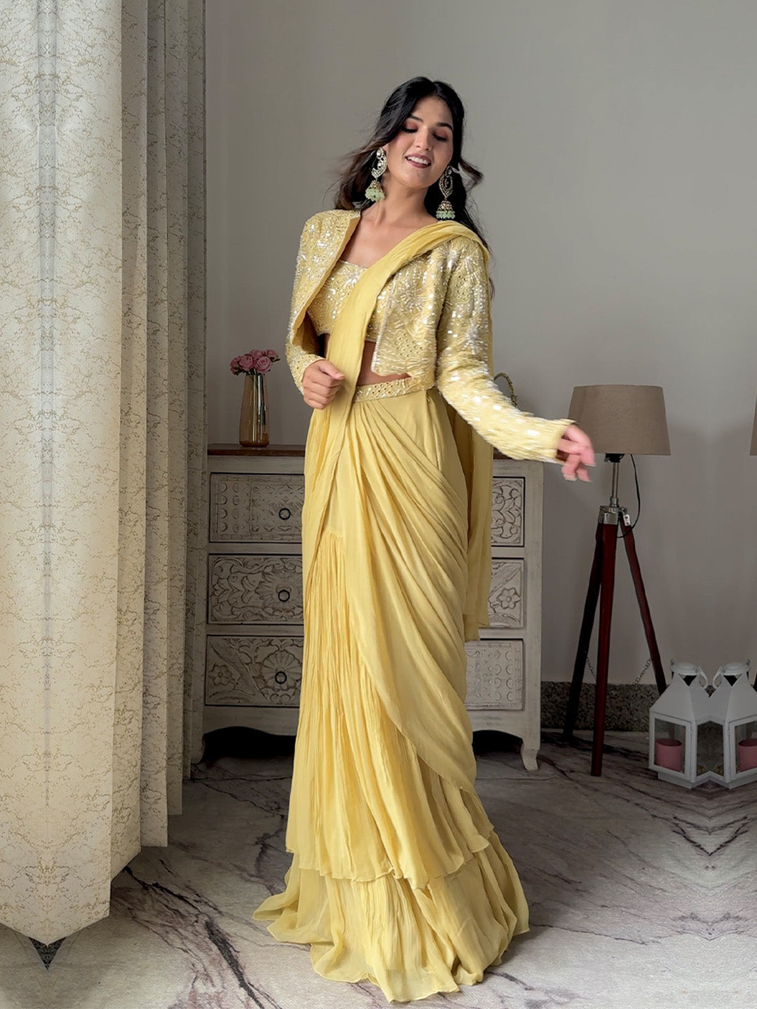 Cream Yellow Georgette Pre Draped Saree