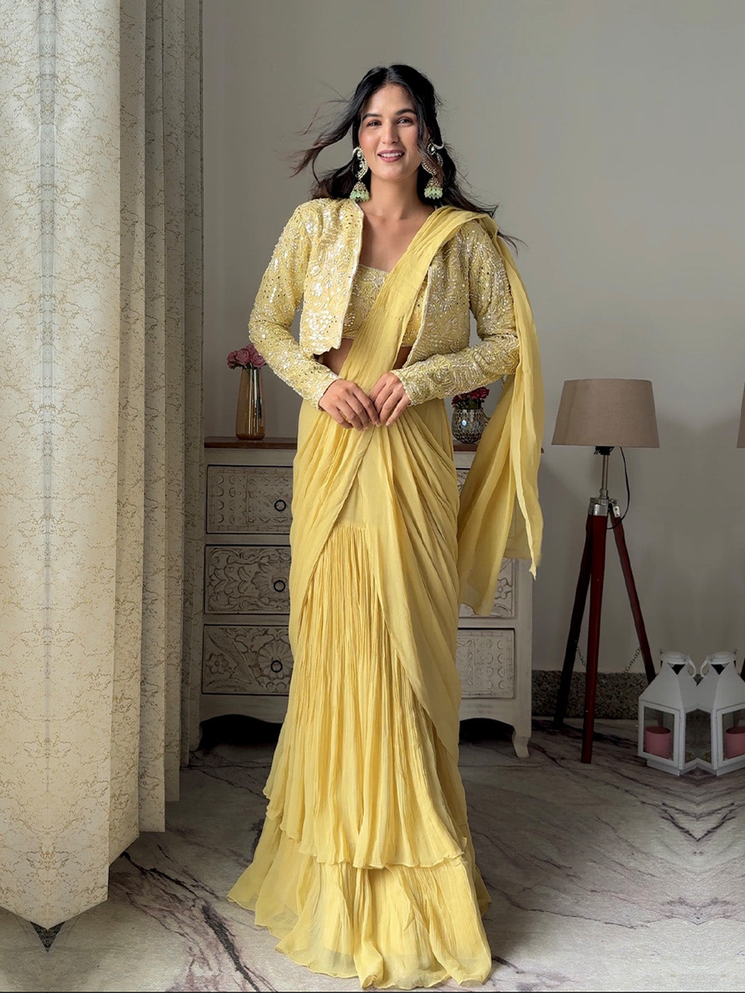 Cream Yellow Georgette Pre Draped Saree