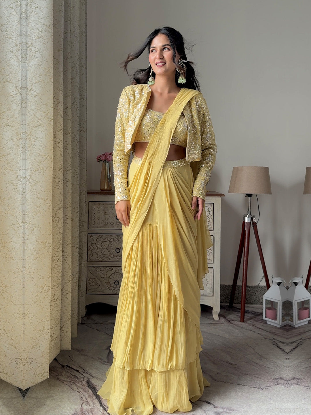 Cream Yellow Georgette Pre Draped Saree