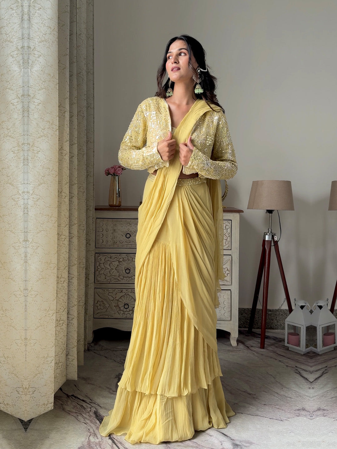 Cream Yellow Georgette Pre Draped Saree