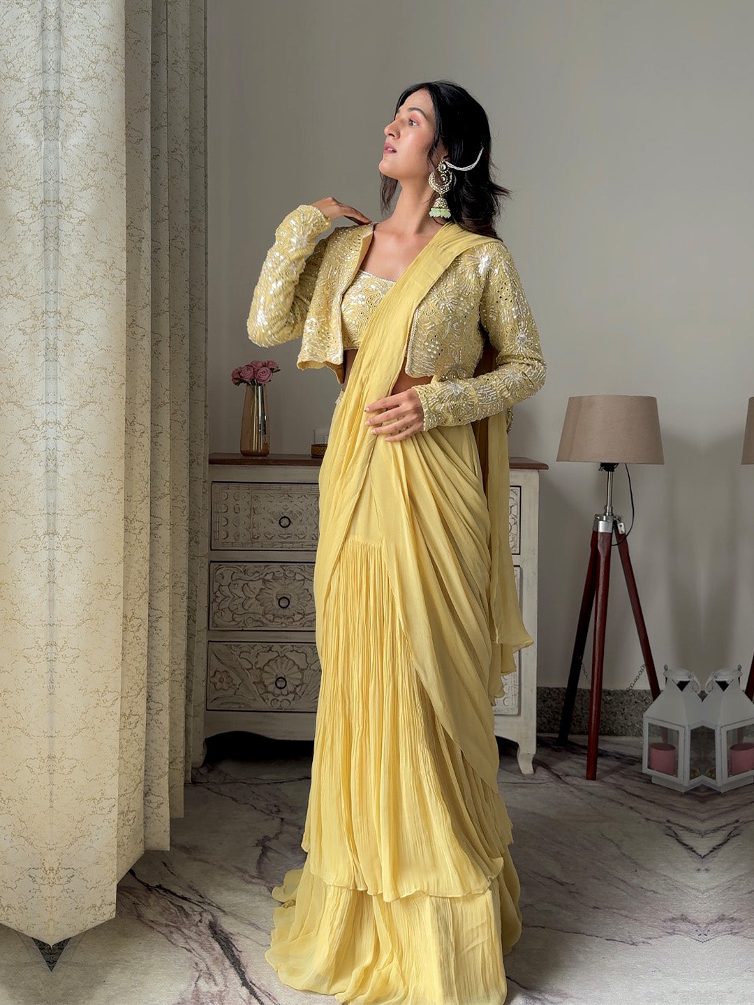 Cream Yellow Georgette Pre Draped Saree