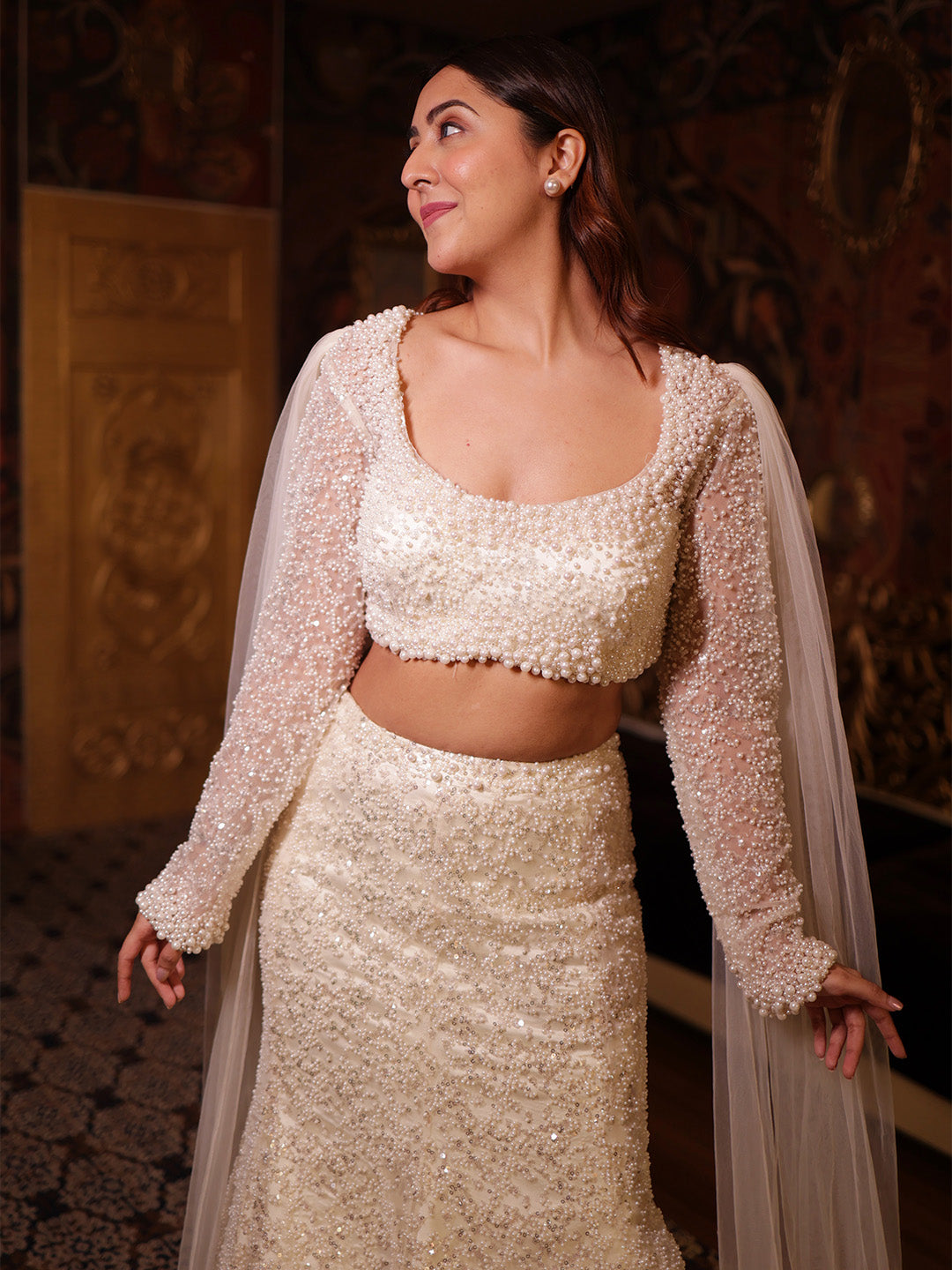 Cream Net Embroidered Fishcut Choli With Pearl Work & Attached Dupatta