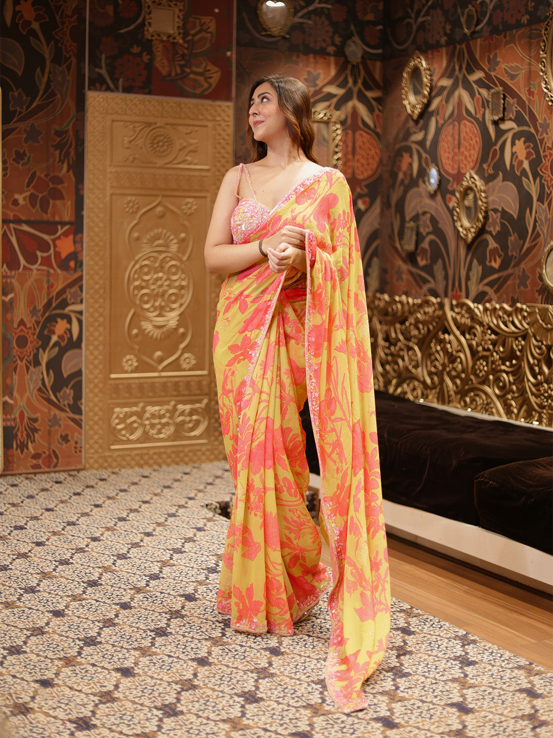 Handcrafted Lime Green Chinion Saree With Floral Print & Embroidery