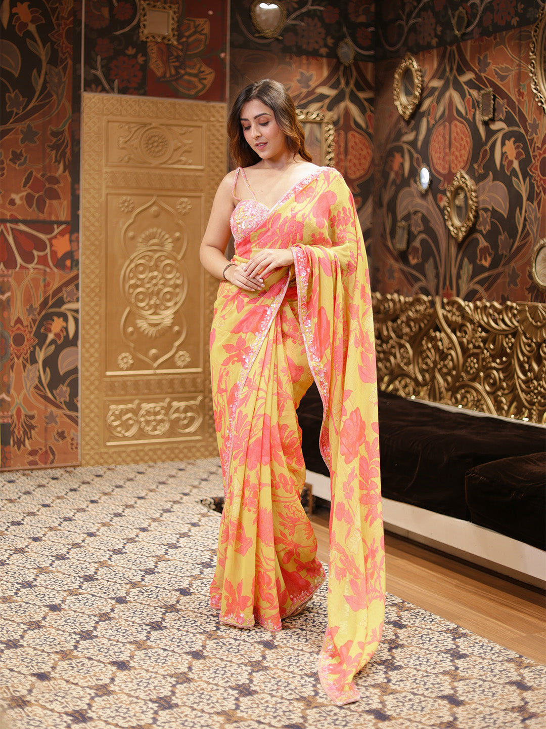 Handcrafted Lime Green Chinion Saree With Floral Print & Embroidery