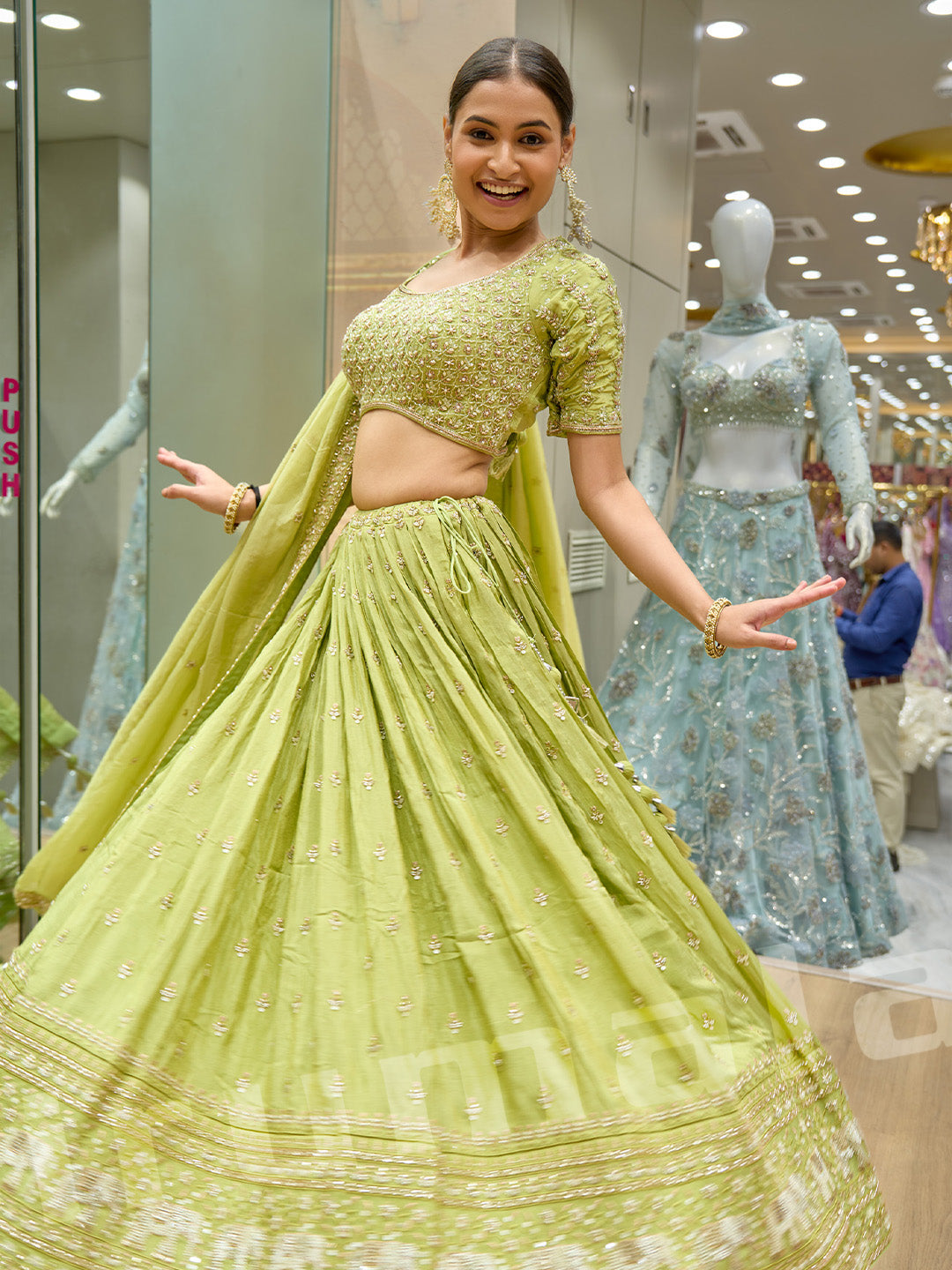 Green Crepe Gathered Lehenga With Machine Work Choli & Viscose Organza Dupatta