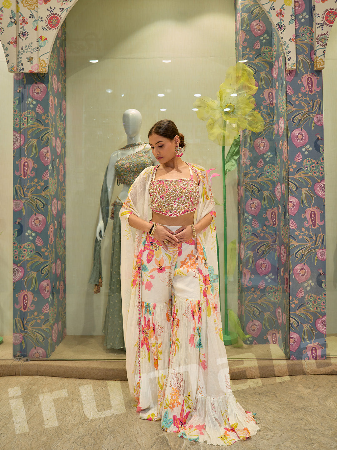 White Floral Printed Palazzo with Ruffle Jacket & Mirror Work Embroidered Choli