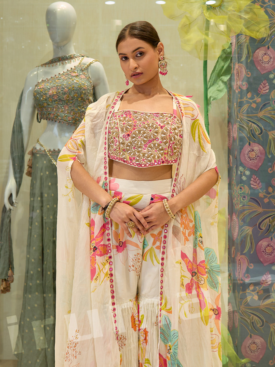 White Floral Printed Palazzo with Ruffle Jacket & Mirror Work Embroidered Choli