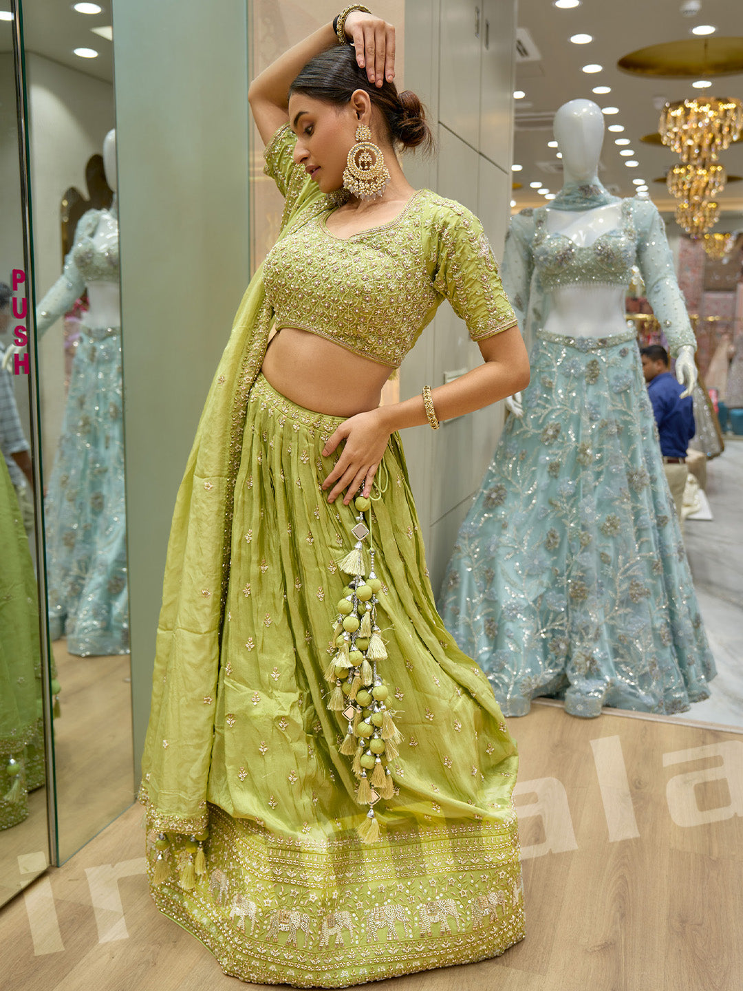 Green Crepe Gathered Lehenga With Machine Work Choli & Viscose Organza Dupatta