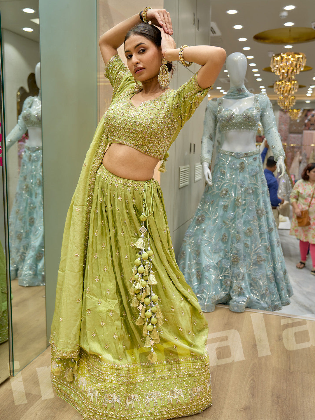 Green Crepe Gathered Lehenga With Machine Work Choli & Viscose Organza Dupatta