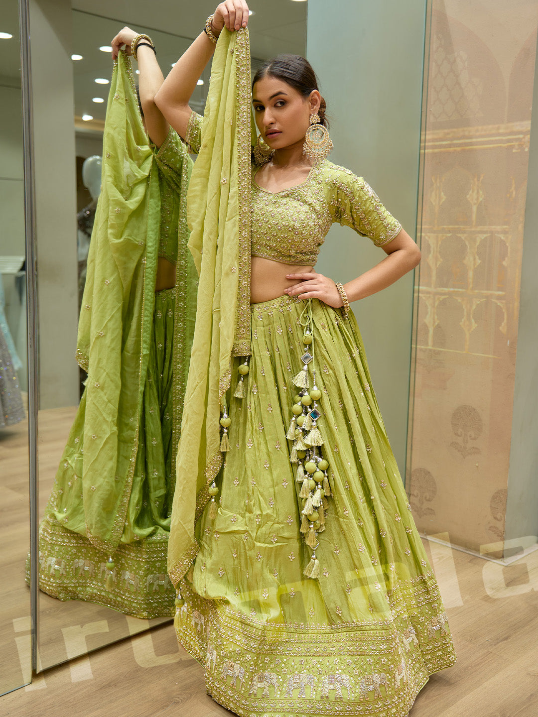 Green Crepe Gathered Lehenga With Machine Work Choli & Viscose Organza Dupatta