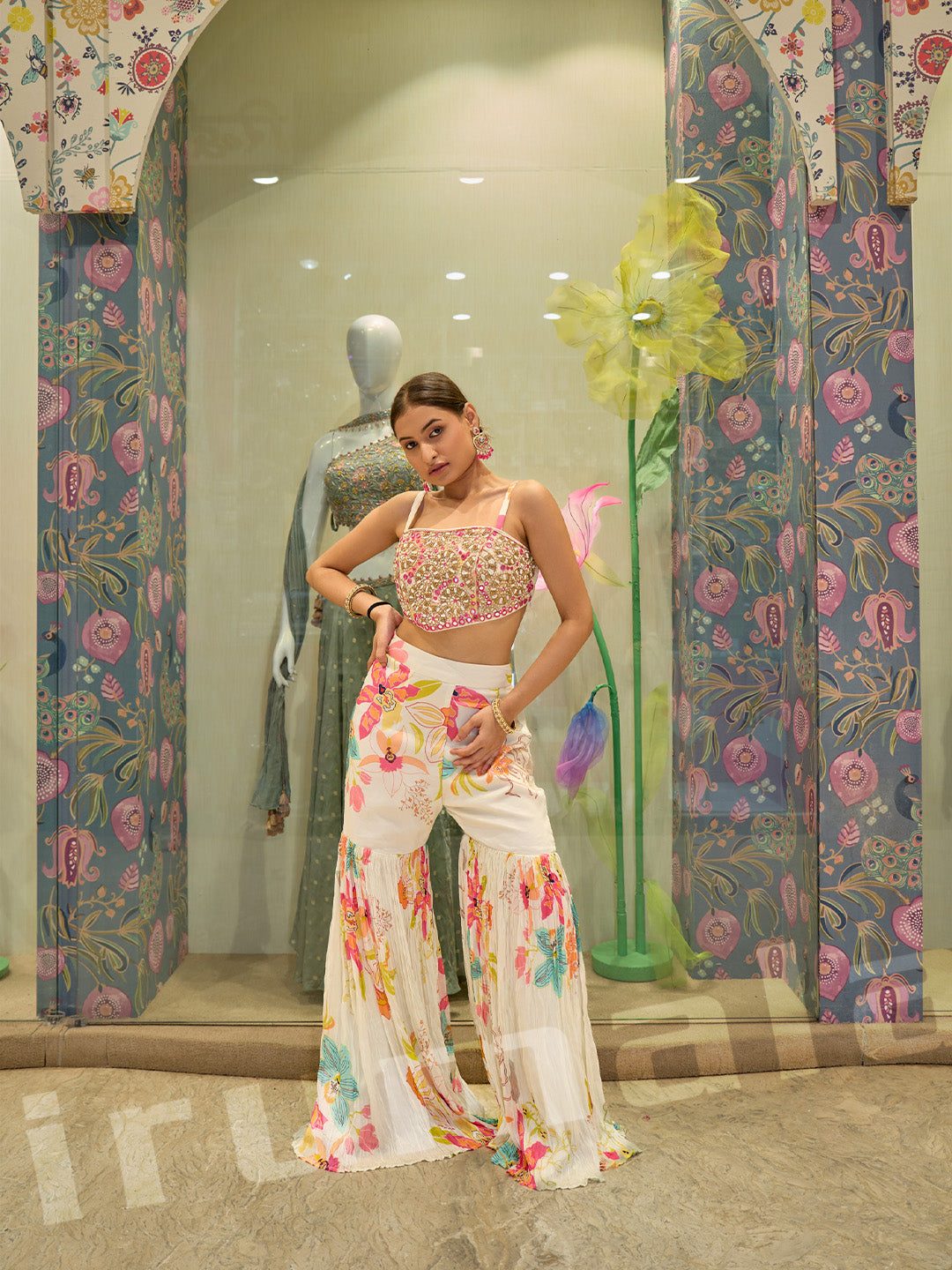 White Floral Printed Palazzo with Ruffle Jacket & Mirror Work Embroidered Choli