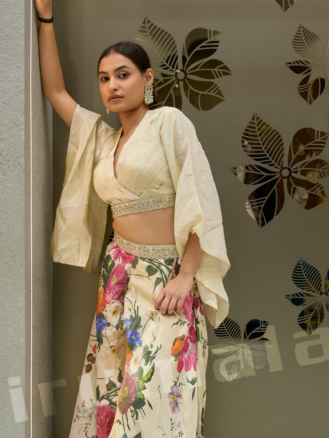 Ivory Printed Palazzo With Shimmery Tissue Draped Choli & Embroidered Belt