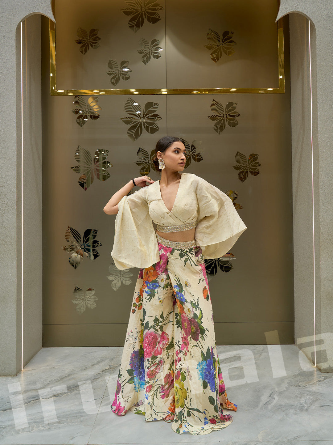 Ivory Printed Palazzo With Shimmery Tissue Draped Choli & Embroidered Belt