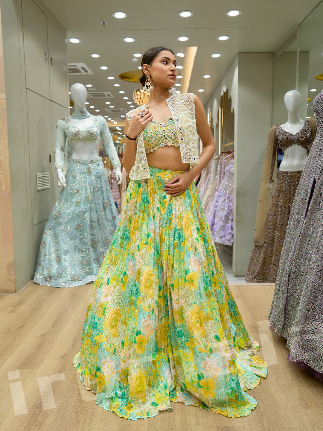 Green Floral Printed Florel Rushing Lehenga with Mirror Work Choli & Net Jacket