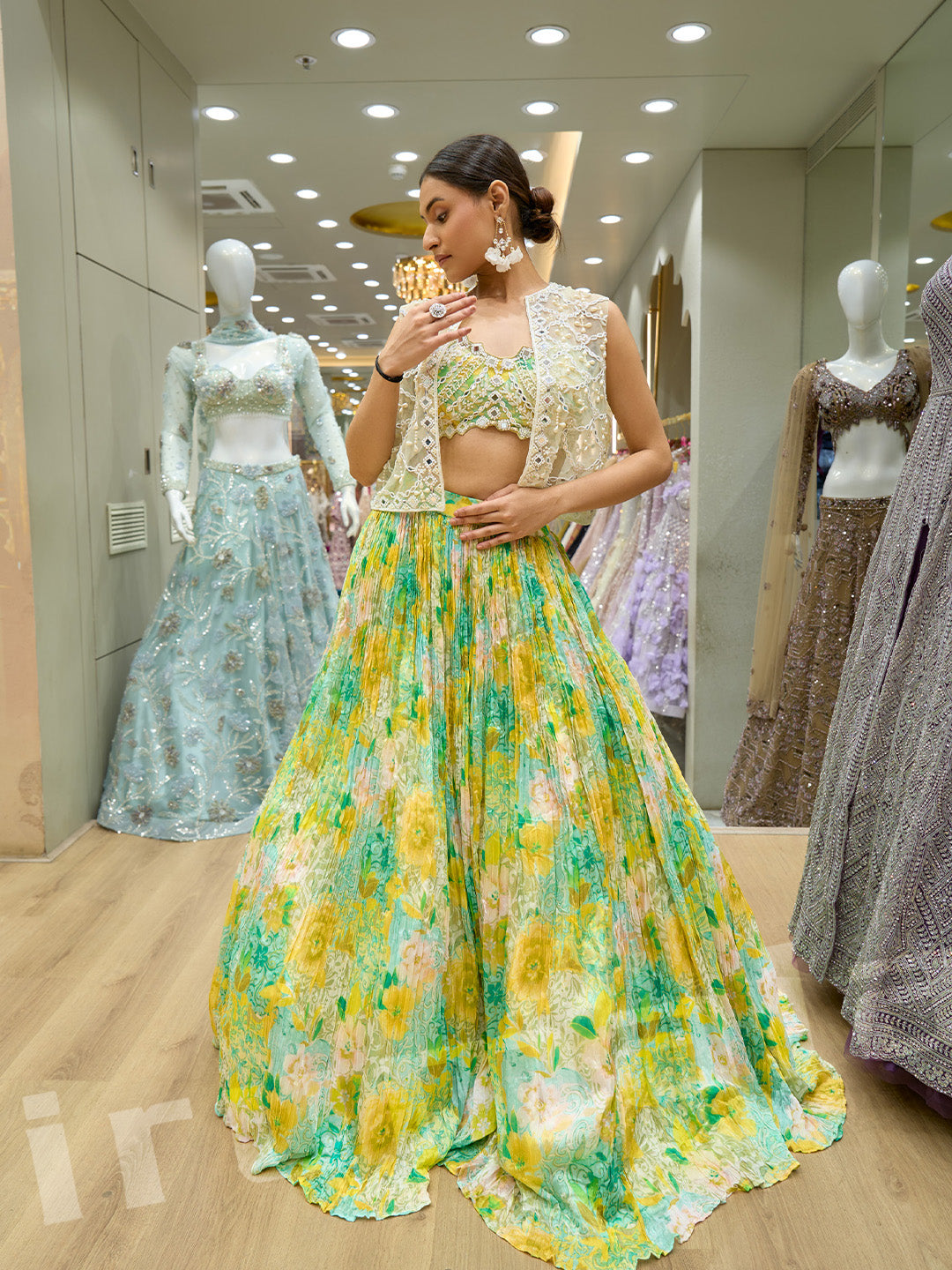 Green Floral Printed Florel Rushing Lehenga with Mirror Work Choli & Net Jacket