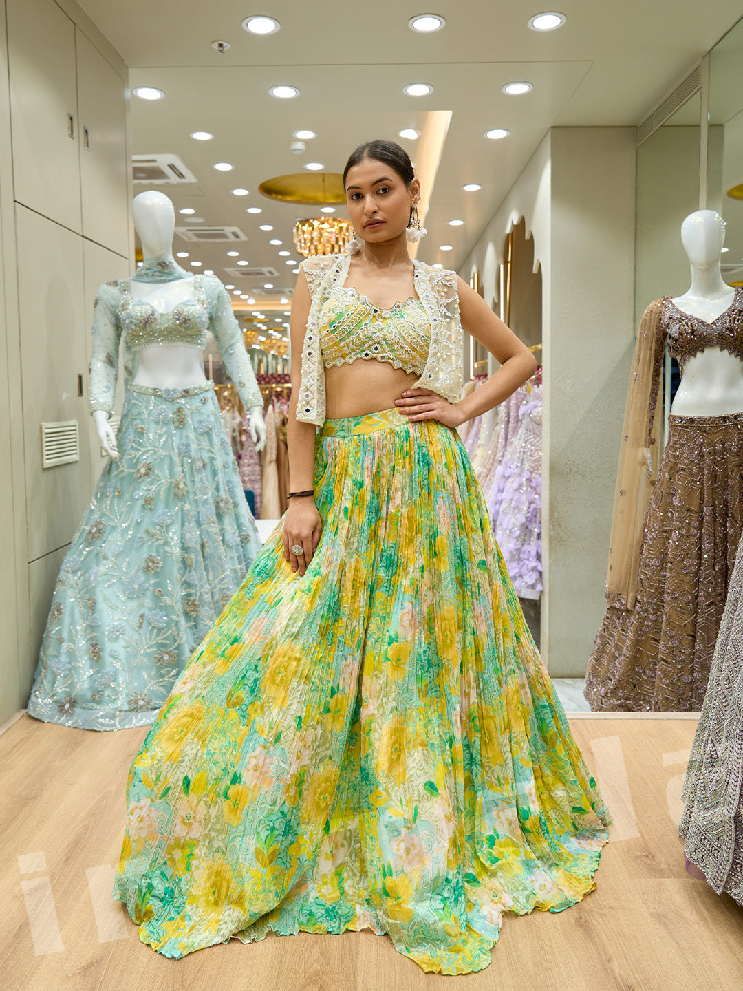 Green Floral Printed Florel Rushing Lehenga with Mirror Work Choli & Net Jacket