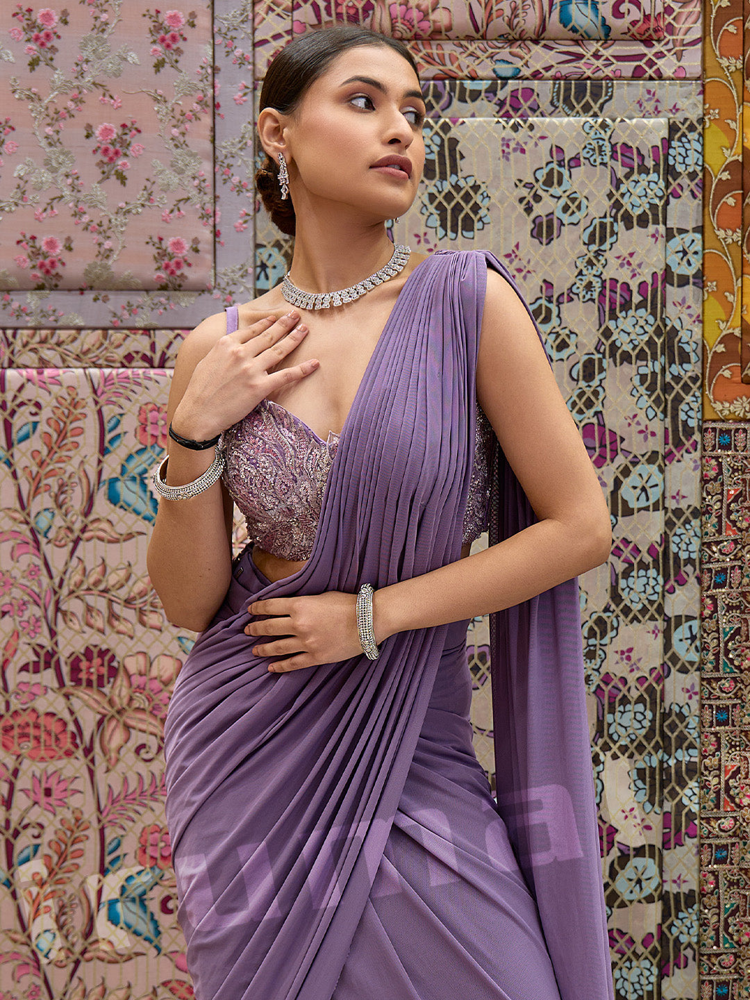 Lavender Lycra Saree With Self-Colored Net Cape Jacket & Blouse