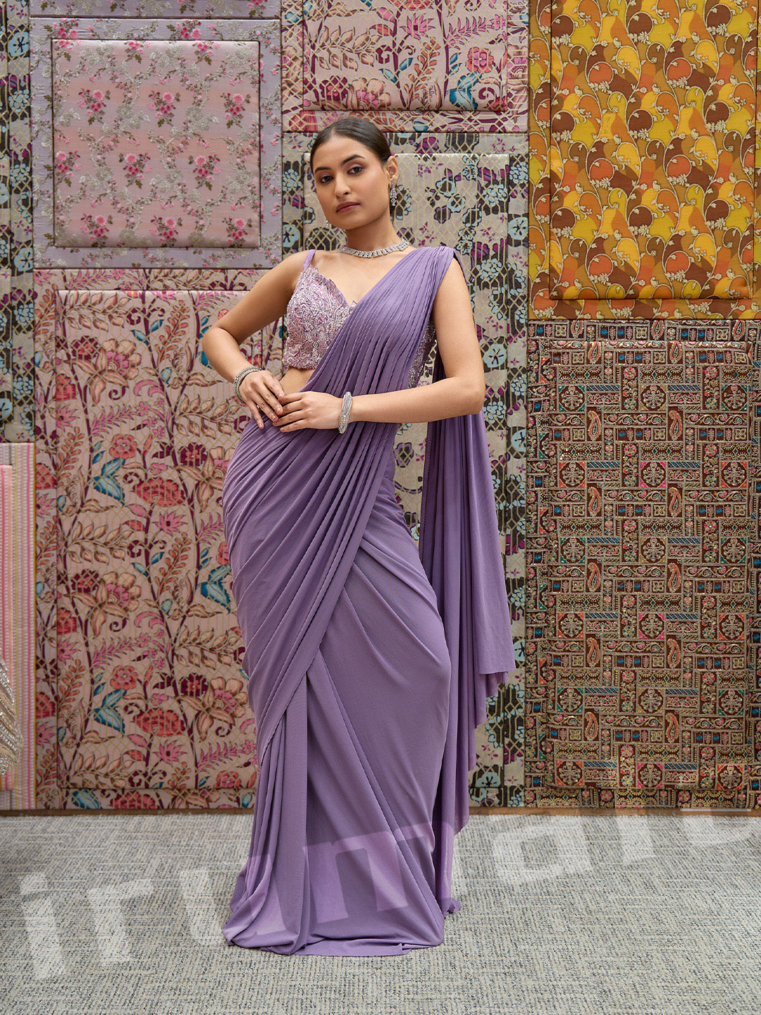 Lavender Lycra Saree With Self-Colored Net Cape Jacket & Blouse