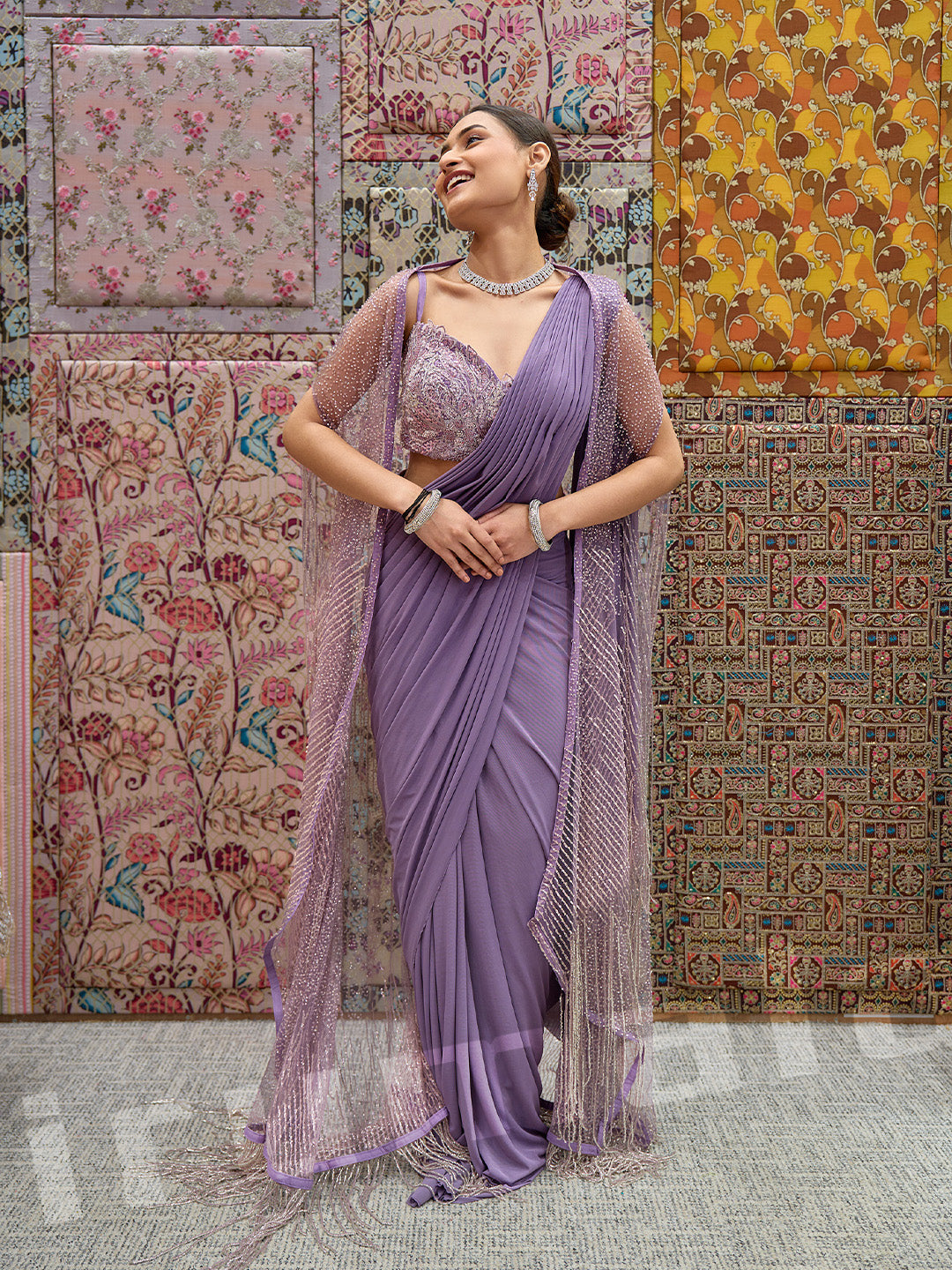 Lavender Lycra Saree With Self-Colored Net Cape Jacket & Blouse