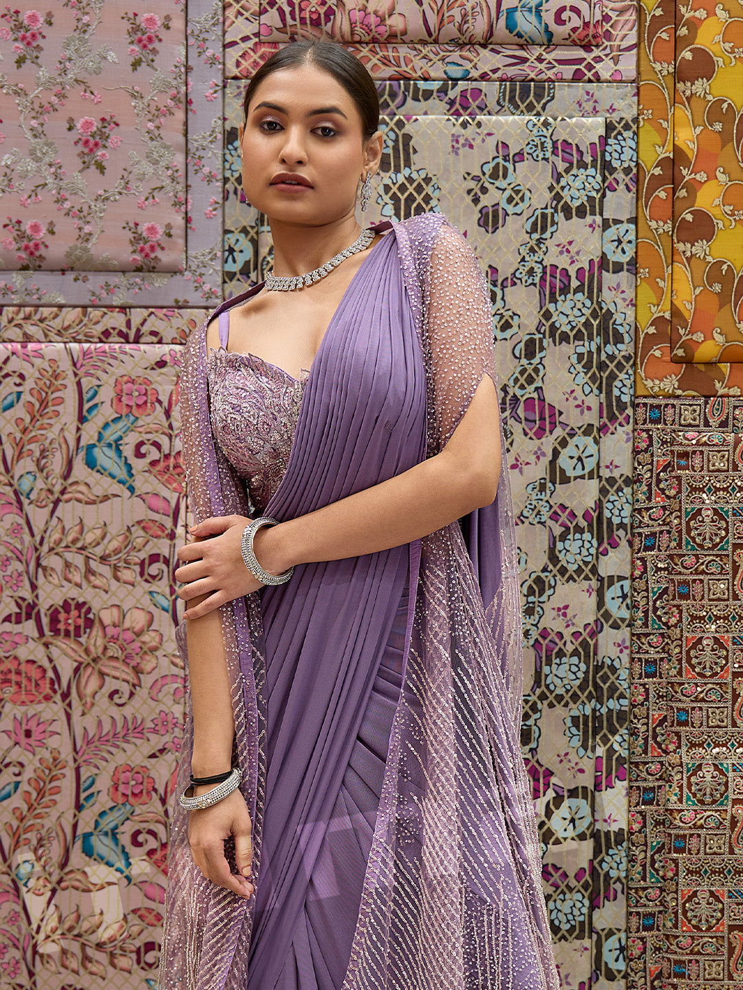 Lavender Lycra Saree With Self-Colored Net Cape Jacket & Blouse