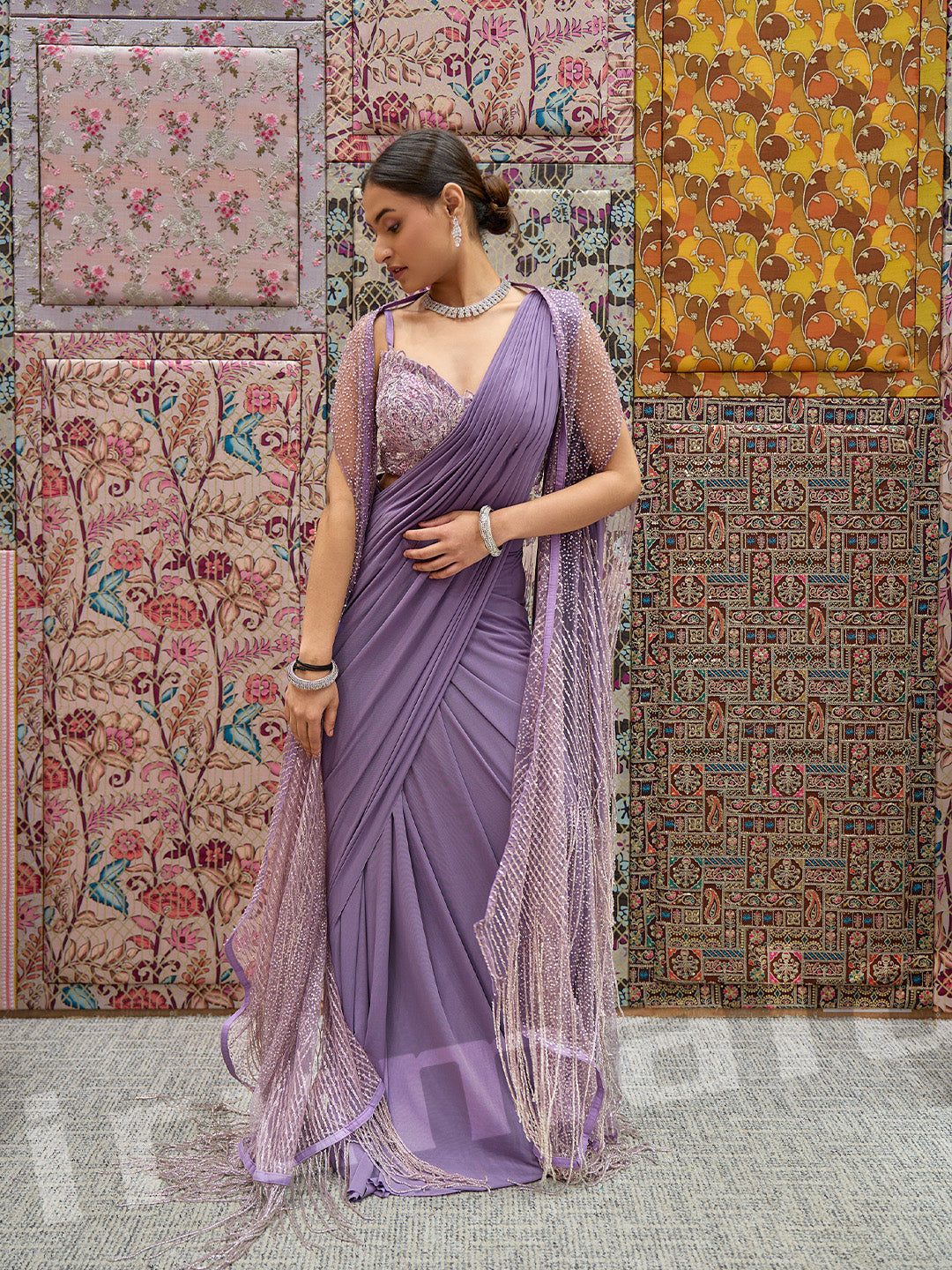 Lavender Lycra Saree With Self-Colored Net Cape Jacket & Blouse